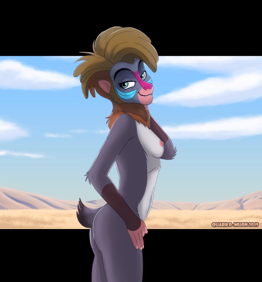 13:14 2019 anthro anthrofied ass breasts brown_hair detailed_background disney erect_nipples female fur hair half-closed_eyes haplorhine hi_res humanoid_hands letterbox looking_at_viewer makini mammal mandrill monkey multicolored_body multicolored_fur narrowed_eyes nipples nude old_world_monkey outside pose primate quarko-muon side_boob side_view slim small_breasts smile solo standing the_lion_guard the_lion_king