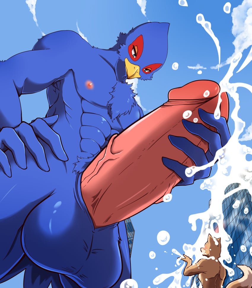 absurd_res anthro avian balls big_balls big_penis bird bodily_fluids building canid canine cum cum_on_head erection falco_lombardi fox fox_mccloud genital_fluids genitals hi_res humanoid_genitalia humanoid_penis looking_down looming macro male male_only mammal masturbation nintendo penis ryeono_kemo star_fox video_games