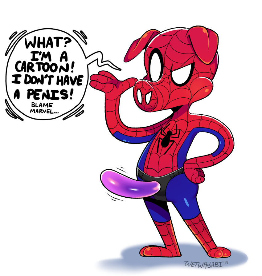 1boy 2019 anthro clothing costume dialogue dildo domestic_pig english_text hi_res humor male male_only male_wearing_strapon mammal marvel mask peter_porker sex_toy shadow simple_background solo spider-ham spider-man:_into_the_spider-verse spider-man_(series) standing strap-on suid suina sus_(pig) text wetwasabi white_background