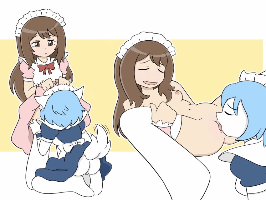 2girls animal_ears anthro blue_hair brown_eyes brown_hair cunnilingus emirichu female female_focus female_only furry human_on_anthro licking maid_headdress maid_uniform no_panties simple_background thrumbo virtual_youtuber white_fur wolfychu youtube youtuber yuri