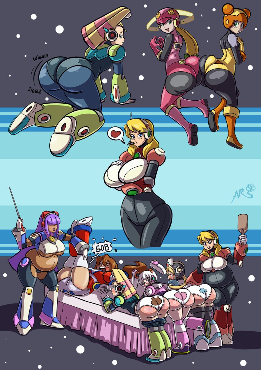 5_fingers 6+girls alia android axel-rosered bent_over big_belly big_breasts big_butt blonde blonde_hair blue_eyes bodysuit breasts butt butt_to_butt chubby cinnamon_gaudille clothed crying fat_ass female female_only flat_chest flat_chested full_body fully_clothed hair hair_over_eyes hand_on_breast heart hidden_eyes hips holding holding_object hourglass_figure huge_belly huge_breasts huge_butt humanoid iris_(mega_man) large_belly large_breasts large_butt layer long_hair mega_man mega_man_x paddle pallette panties robot robot_girl robot_humanoid roll.exe spanking standing tears text thick thick_butt thick_thighs thighs underwear very_long_hair voluptuous watermark wide_hips yuri