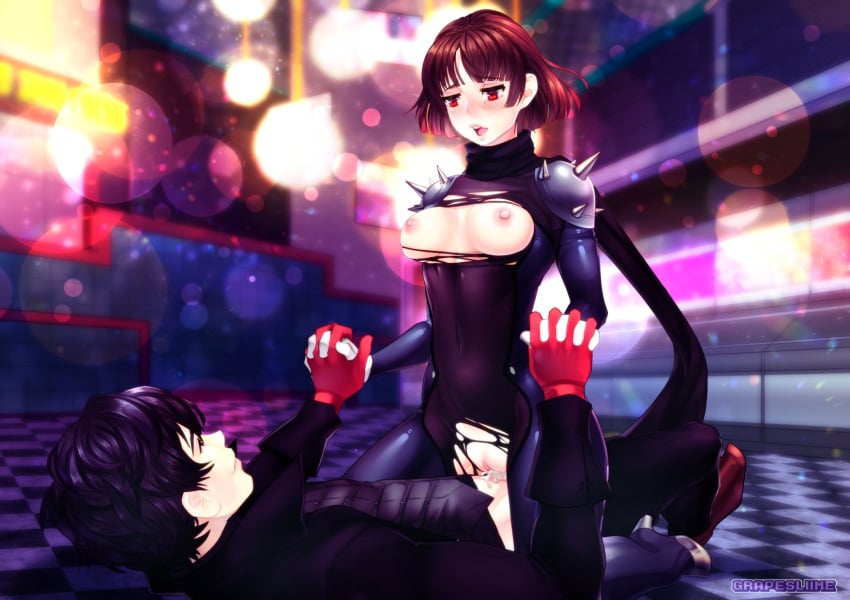 1boy 1girls atlus blush blushing bodysuit brown_hair cowgirl_position female gloves grapesliime high_heels holding_hands human joker_(persona) makoto_niijima male male/female megami_tensei nipples pale_skin passionate persona persona_5 phantom_thief_suit queen(p5) red_eyes ren_amamiya sega sex short_hair small_breasts tagme