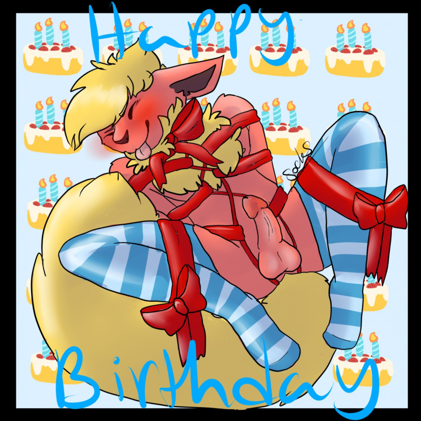 1:1 1boy anthro anthrofied birthday_gift black_border blue_background blush bondage bound canine clothing darlingsocks eeveelution flareon furry gift girly hi_res legwear male nintendo orange_fur original_character penis pinup pokémon_(species) pokemon pokemon_(species) pokemon_rgby pose ribbons shy socks teasing testicles text thigh_highs video_games