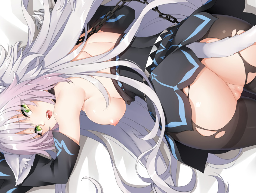 1girls 22jigen animal_ears anus atalanta_(alter)_(fate) atalanta_(fate) atalanta_alter breasts catgirl chains choker fate/grand_order fate_(series) green_eyes long_hair nipples nopan oerba_yun_fang pantyhose pussy skirt skirt_lift solo tail topless torn_clothes uncensored waifu2x