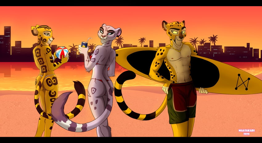 2020 abs anthro anthrofied ass azaad beach bikini bottomless bottomwear breasts cheetah chuluun clothed clothing disney felid feline female fuli fur group half-closed_eyes hi_res humanoid_hands jewelry king_cheetah looking_at_another looking_back male mammal narrowed_eyes necklace pantherine pecs quarko-muon seaside shorts skimpy smile snow_leopard spots spotted_body spotted_fur standing sunset surfboard swimwear the_lion_guard the_lion_king vehicle watercraft