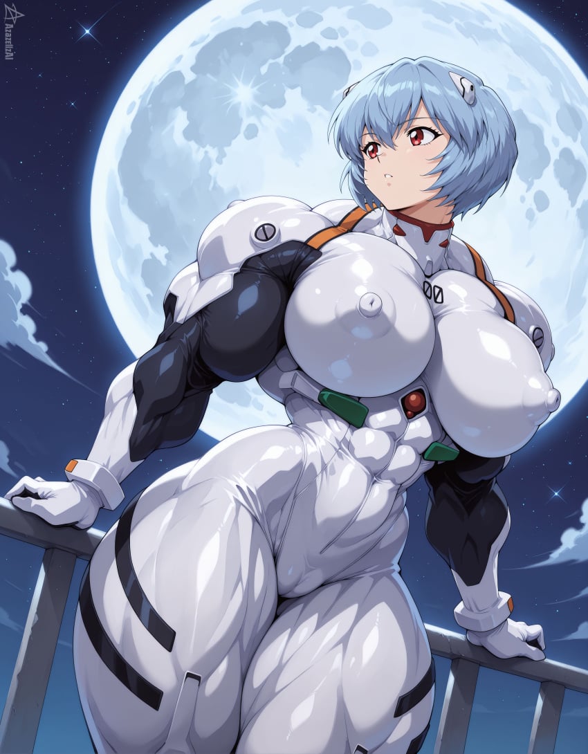 abs ai_assisted ai_generated azazellzai big_nipples blue_hair bodysuit breasts busty covered_nipples female large_breasts moon moonlight muscles muscular muscular_female neon_genesis_evangelion night nipples plugsuit red_eyes rei_ayanami solo thick_thighs thunder_thighs tight_clothing