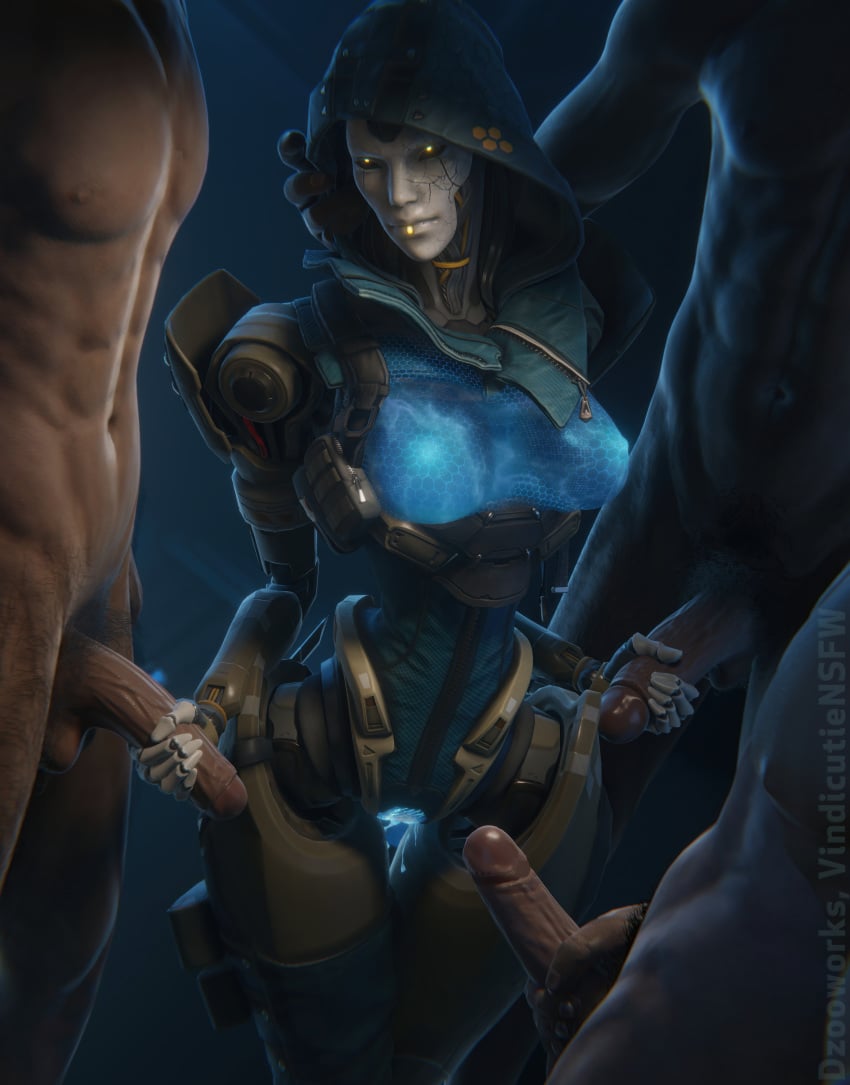 1girl3boys 3boys 3d apex_legends artificial_vagina ash_(apex_legends) blender blender_(software) blender_eevee breasts dzooworks erection highres imminent_sex respawn_entertainment robot robot_girl simulacrum size_difference surrounded_by_penises vaginal_fluids vindicat vindicate