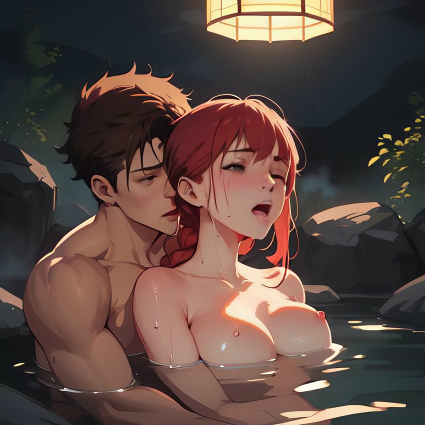 ai_generated braided_hair chainsaw_man closed_eyes completely_nude grabbing_breasts grabbing_from_behind hot_spring makima_(chainsaw_man) mixed_bathing nude onsen poor_quality poorly_drawn poorly_tagged red_hair water wet