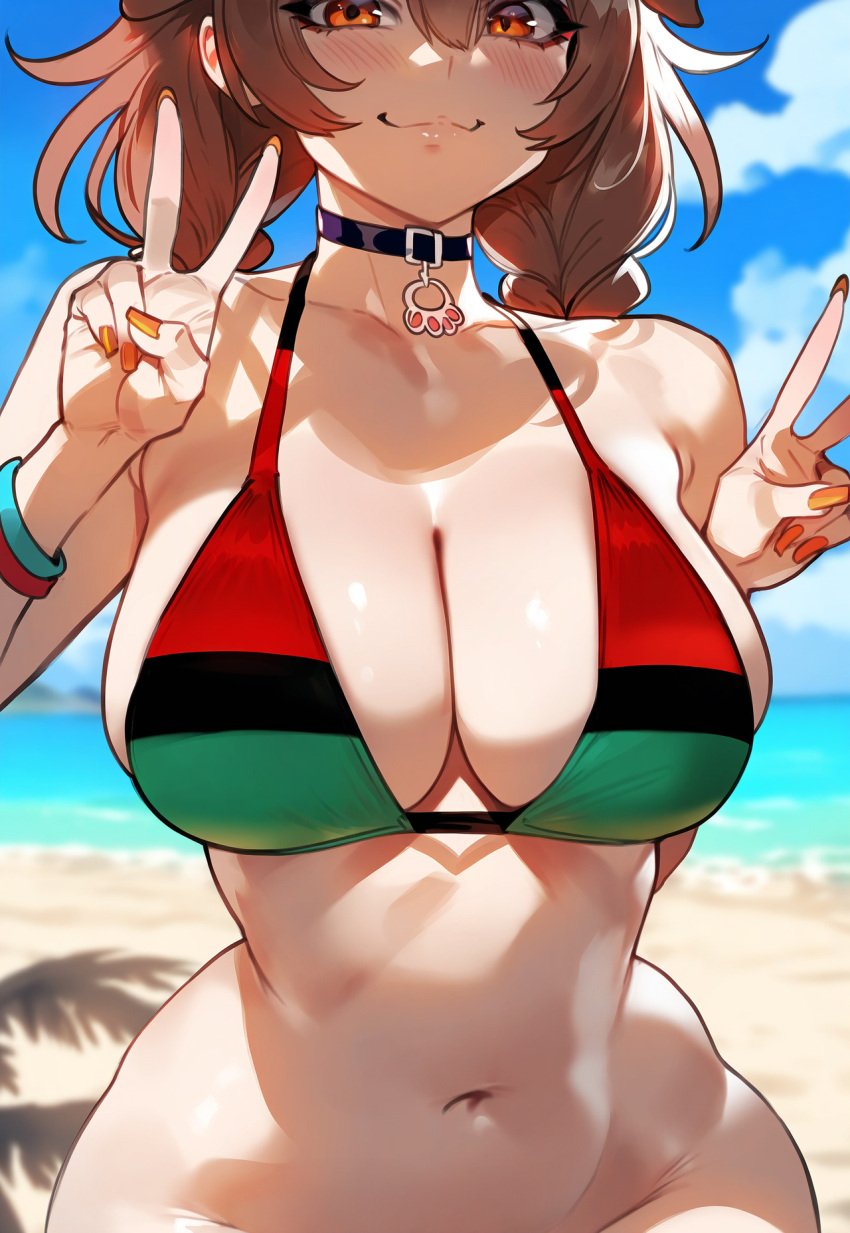 amber_eyes armband beach bikini bikini_top bottomless brown_hair choker collar double_v female hololive inugami_korone looking_at_viewer nails orange_eyes pan-african_bikini pan-african_flag peace_sign v v_sign virtual_youtuber vtuber water