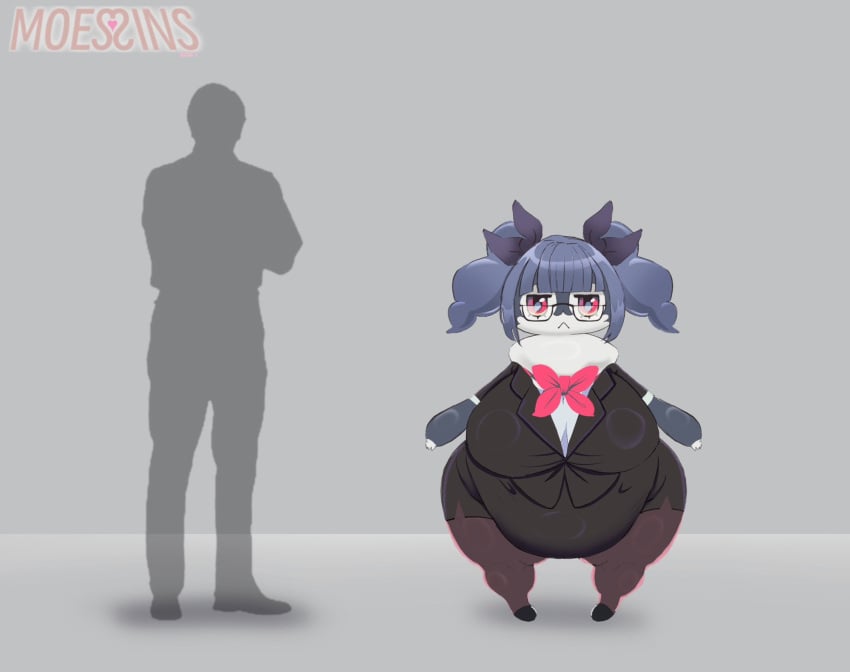 amelia_(moessins) business_suit chubby chubby_female clothed clothed_female game_freak glasses grey_background height_difference indeedee moessins nintendo pokemon pokemon_(species) red_eyes shortstack simple_background size_difference taller_male