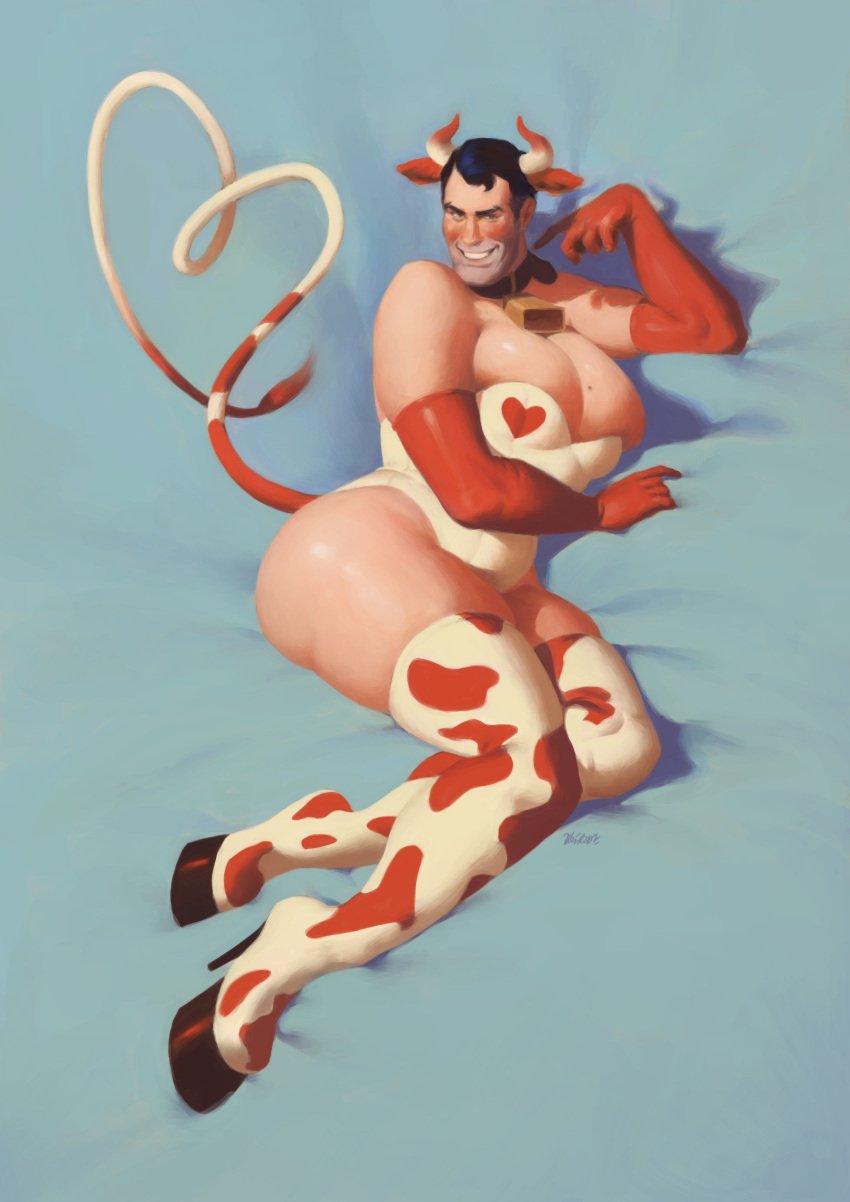 artistic_nude artistic_nudity bara bara_tiddies bara_tits barazoku chubby cow_ears cow_horns cow_humanoid cow_print cow_print_legwear cow_print_stockings cow_print_thighhighs cow_tail cowbell crossdressing crossdressing_male dad_bod digital_painting_(artwork) dilf gay high_heels leotard_aside male male_focus male_only male_with_breasts mature mature_male medic medic_(team_fortress_2) mikadll no_visible_genitalia nonsexual nonsexual_nudity older older_male pecs pinup pinup_pose revealing_clothes solo solo_focus solo_male stockings stockings_only strongfat tasteful tasteful_nudity team_fortress_2 thunder_thighs thunderthighs valve