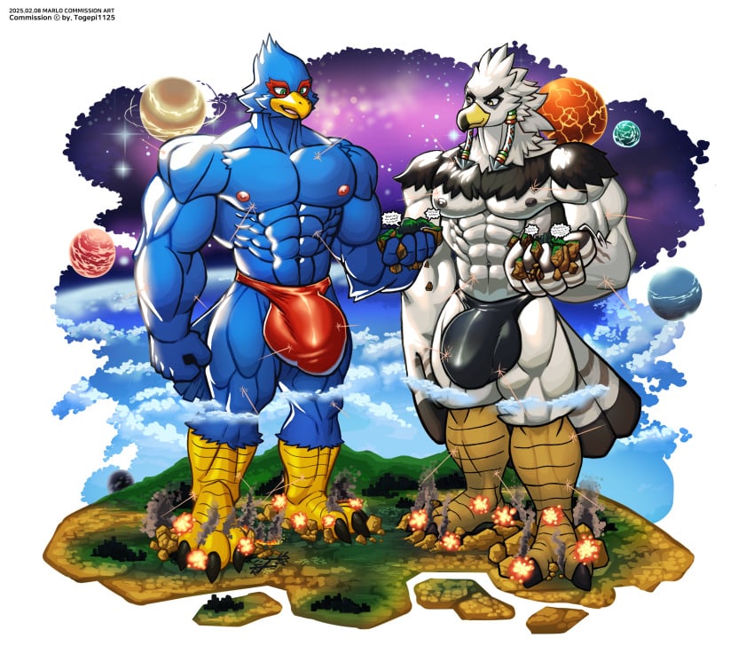 abs anthro avian bird blue_body blue_feathers braided_pseudo_hair breath_of_the_wild bulge city clothing death destruction duo explosion falco_lombardi feathers genital_outline green_eyes hi_res macro male muscular muscular_male nintendo pecs planet rito speedo star_fox swimwear teba_(tloz) the_legend_of_zelda white_body white_feathers wolfmalro yellow_eyes