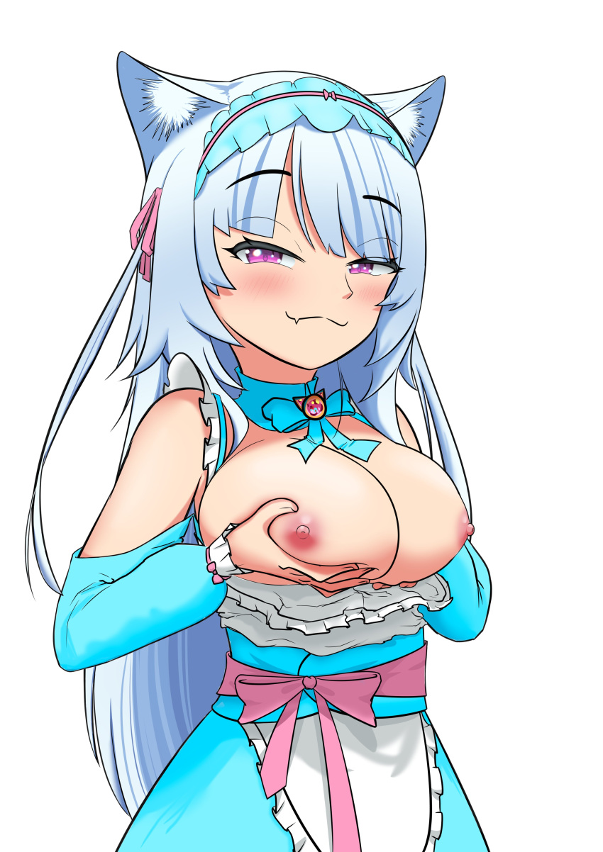 1girls avyllean bedroom_eyes big_breasts cat_ears exposed_breasts exposed_shoulders frilly_clothing holding_breasts holding_own indie_virtual_youtuber light_blue_hair light_skinned_female looking_at_viewer milky_mew pink_eyes pink_nipples presenting_breasts shoulderless_topwear smug smug_face solo virtual_youtuber white_background