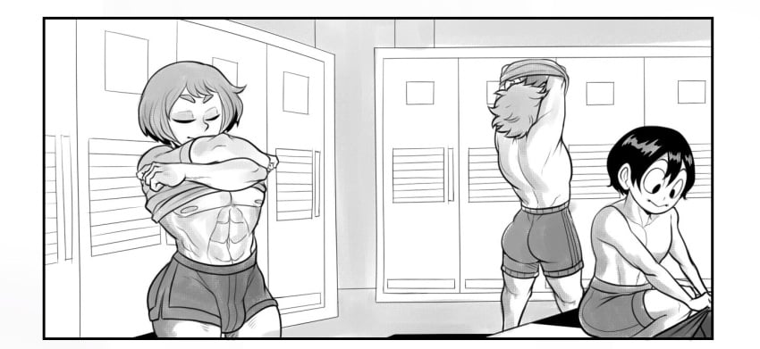 3boys abs detnox genderswap_(ftm) locker_room male_only mina_ashido my_hero_academia ochako_uraraka spying tsuyu_asui