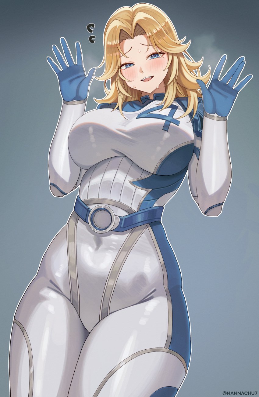 1girls absurdres belt big_breasts blonde_hair blue_bodysuit blue_eyes blush bodysuit breasts breath fantastic_four female flying_sweatdrops grey_background groin hair_intakes hands_up highres invisible_woman invisible_woman_(marvel_rivals) large_breasts marvel marvel_rivals multicolored_bodysuit nannachu7 open_hands simple_background skin_tight solo sue_storm sweat teeth upper_teeth_only white_bodysuit