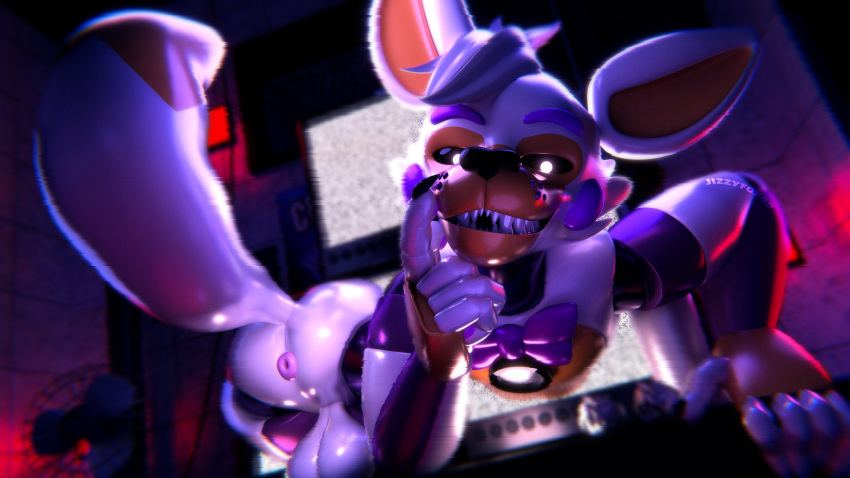 3d absurd_res animatronic anthro anus ass balls blender_(artwork) bow_tie canid canine claws digital_media_(artwork) electronics eyebrows five_nights_at_freddy's five_nights_at_freddy's_world fox genitals glowing glowing_eyes grinning_at_viewer hi_res jizzyfox lolbit_(fnaf) machine male mammal puffy_anus purple_anus raised_eyebrow raised_finger robot robot_anthro scottgames sharp_teeth sister_location solo tail teeth teleportation television through_screen watermark