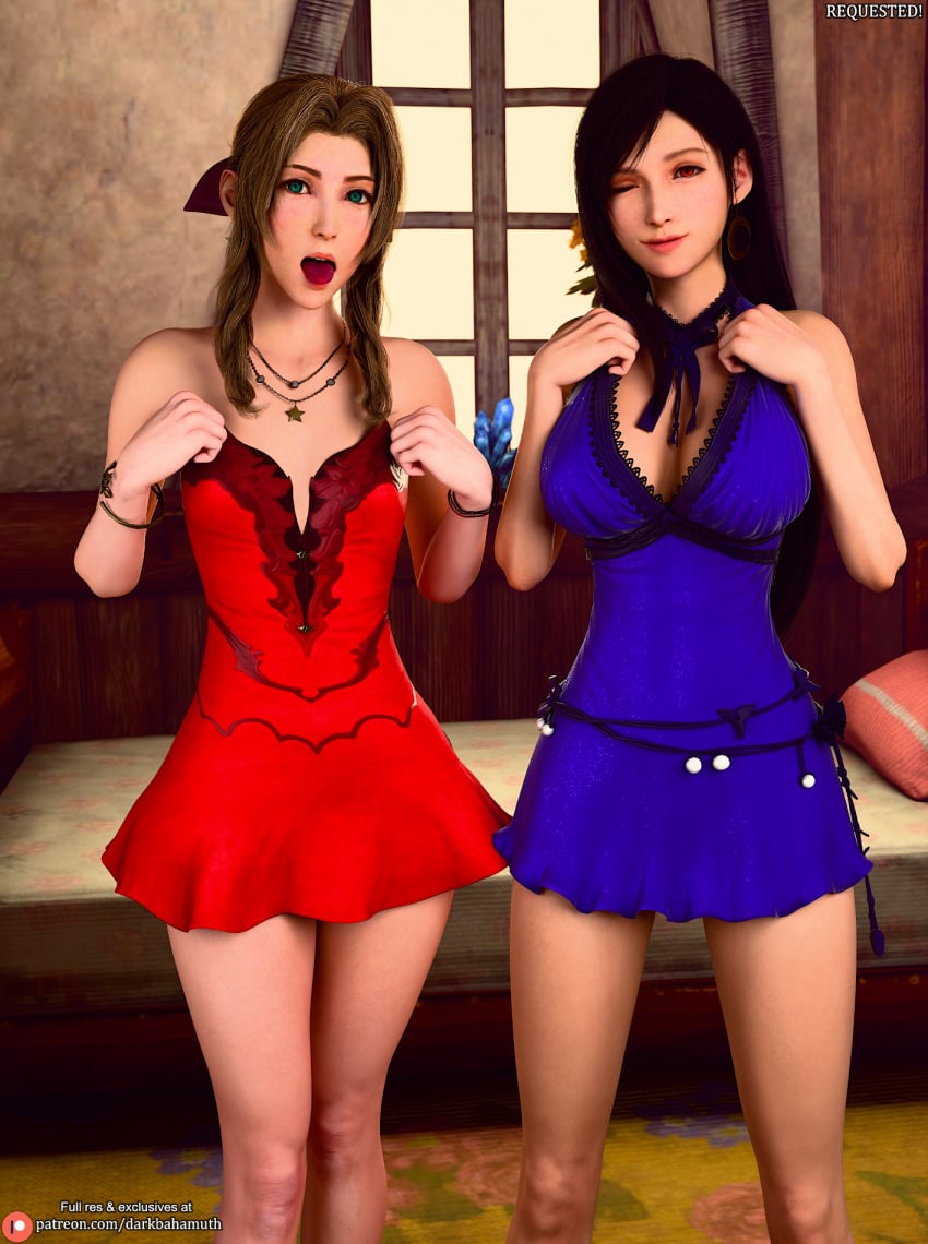 3d aerith_gainsborough darkbahamuth dress final_fantasy final_fantasy_vii pinup sexy sfw tifa_lockhart