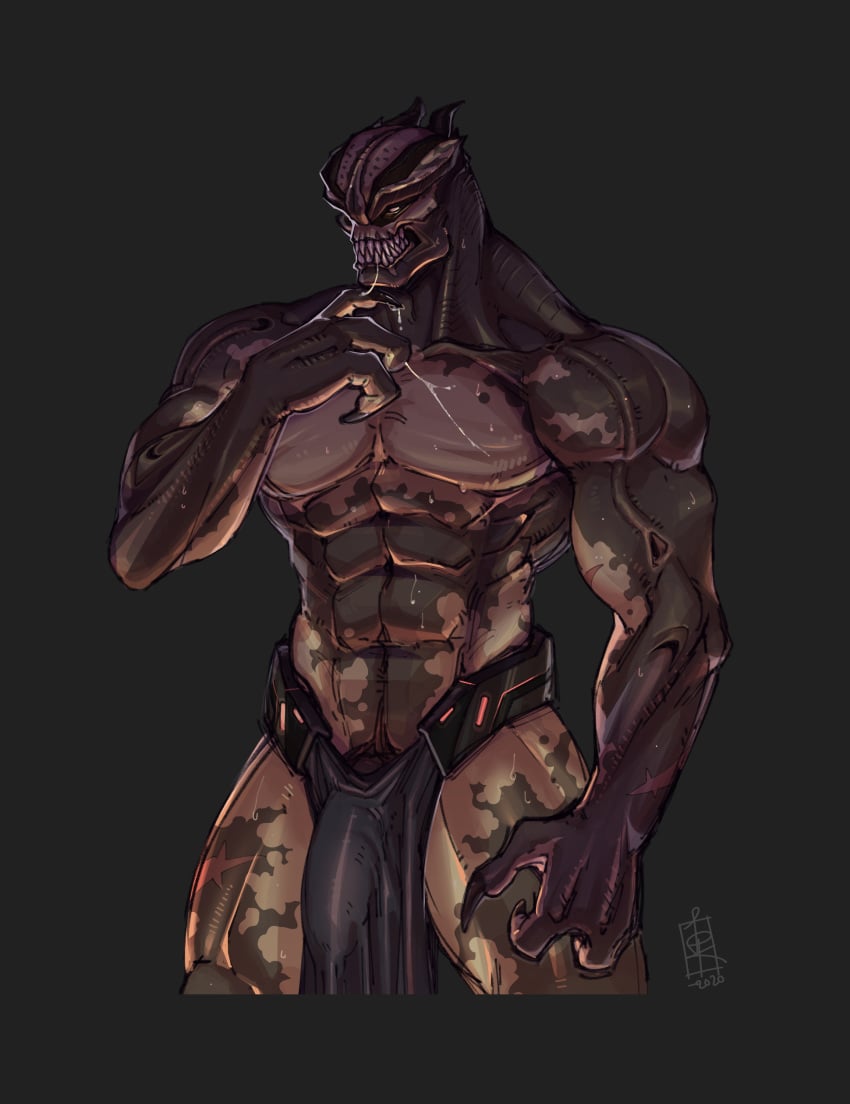 abs absurd_res alien big_penis bodily_fluids clothed clothing drooling duke_nukem duke_nukem_(series) flaccid genitals grin hi_res loincloth luluthir male male_only mottled mottled_body mottled_skin muscular partially_clothed penis saliva smile solo standing teeth video_games