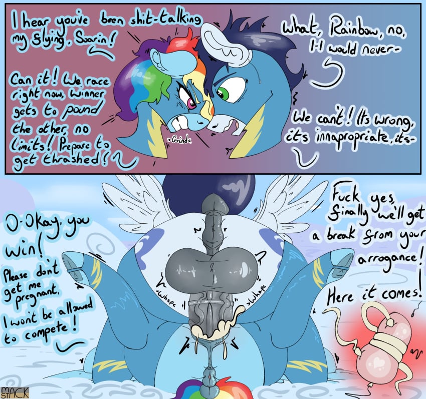 anatomically_correct animal_genitalia animal_penis anus ass big_penis blue_body blue_hair bodily_fluids clenched_teeth clothing comic competition cum cutie_mark dialogue dock_(anatomy) dominant dominant_male duo equid equine equine_genitalia equine_penis female friendship_is_magic from_front_position genital_fluids genitals green_eyes hair hasbro hi_res lying mackstack male male/female male_on_top mammal medial_ring missionary_position multicolored_hair multicolored_tail my_little_pony mythological_creature mythological_equine mythology on_back on_bottom on_top ovum pegasus penetration penis puffy_anus purple_eyes pussy rainbow_dash_(mlp) rainbow_hair rainbow_tail sex skinsuit soarin_(mlp) sperm_cell tail teeth tight_clothing uniform unsafe_sex vaginal_penetration vein veiny_penis wings wonderbolts_(mlp) wonderbolts_uniform