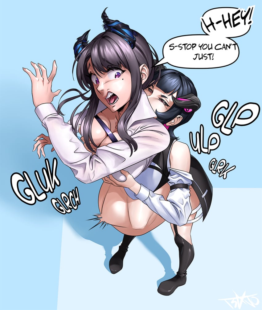 2girls aradia_ravencroft big_breasts black_hair boob_grab breast_grab cleavage eating english_text hololive hololive_english horns mole mole_under_eye nerissa_ravencroft oral_vore pink_eyes purple_eyes sisters speech_bubble stomach_bulge stomach_deformation swallowing text text_bubble tsavo viewed_from_above virtual_youtuber vore