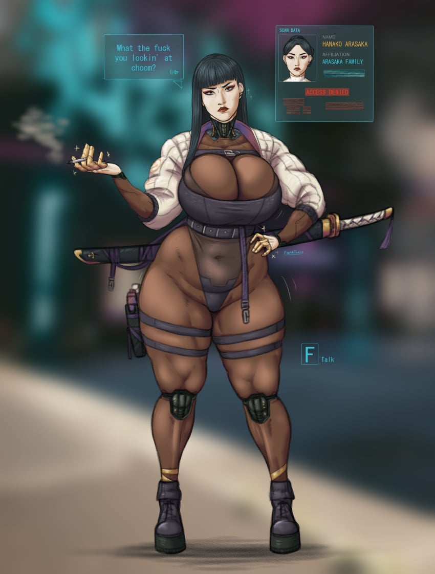 1girls cyberpunk_2077 dialogue female female_only franktonius hanako_arasaka huge_breasts large_breasts revealing_clothes standing talking_to_viewer text tight_clothing voluptuous wide_hips