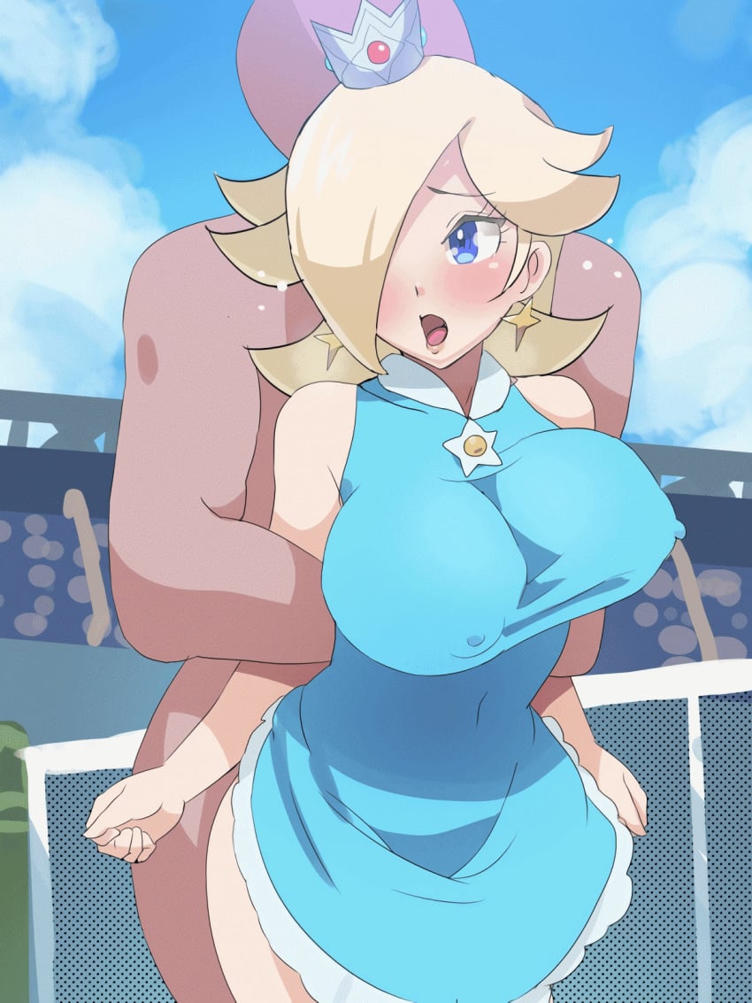 1boy 1girls 3:4 animated arms_held_back big_breasts blonde_hair blue_dress blue_eyes boris_(noborhys) bouncing_breasts clothed_female_nude_male crown dress faceless_male from_behind huge_breasts large_breasts light-skinned_female light_skin mario_(series) mario_tennis nipple_bulge princess princess_rosalina restrained rosalina royalty sex sex_from_behind standing standing_sex straight tennis_uniform vertical_video