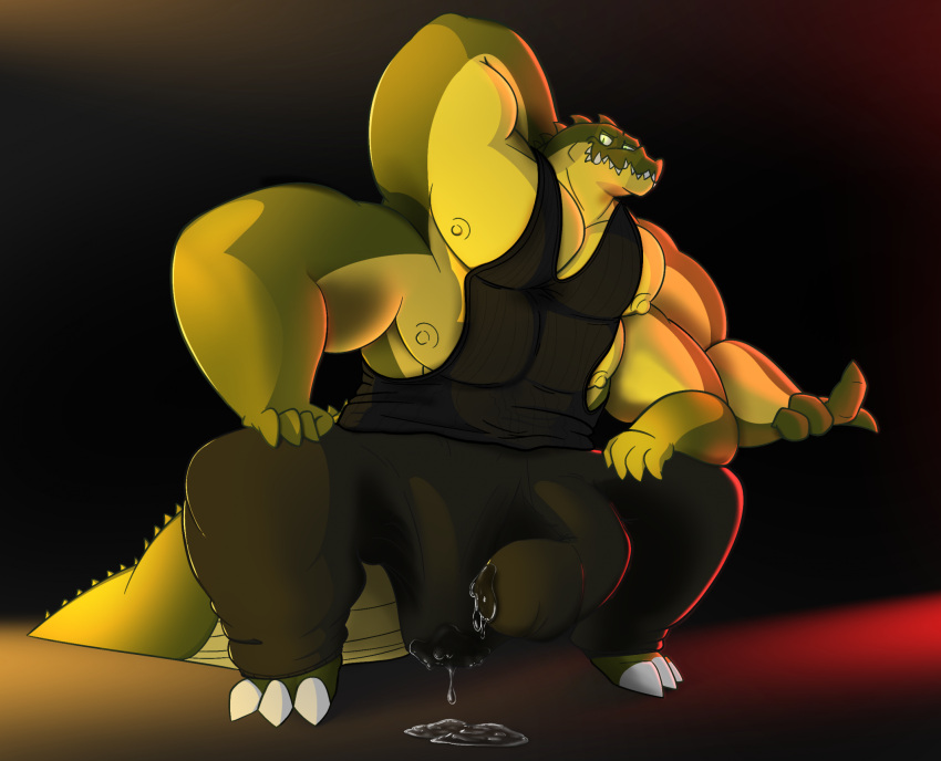 anthro beckoning big_bulge big_penis bodily_fluids bottomwear bulge claws clothing crocodile crocodilian crouching diphallia diphallism excessive_genital_fluids excessive_precum genital_fluids genitals gesture glowing glowing_eyes hi_res huge_bulge huge_cock hyper hyper_genitalia hyper_penis leaking_precum leaning leaning_forward looking_at_viewer male max_(maxmulticroc) maxmulticroc multi_arm multi_genitalia multi_limb multi_pec multi_penis muscular muscular_male nipples pants pecs penis precum precum_through_clothing reptile scalie shirt smile smiling_at_viewer solo sweatpants tail tank_top thick_tail toe_claws topwear wet wet_clothing