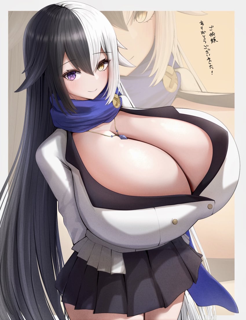 1girls arms_behind_back black_and_white_hair black_hair blue_scarf blush blush breast_focus breasts breasts_bigger_than_head busty cleavage clothed clothed_female clothing enormous_breasts female female_focus female_only gigantic_breasts heterochromia hiiro_mao huge_breasts japanese_text large_breasts long_hair looking_at_viewer massive_breasts metae necklace nekonekocatzzz original original_character purple_eyes scarf skirt slit_pupils smile solo someone_else's_oc split-color_hair star-shaped_pupils text top_heavy top_heavy_breasts voluptuous voluptuous_female white_hair yellow_eyes