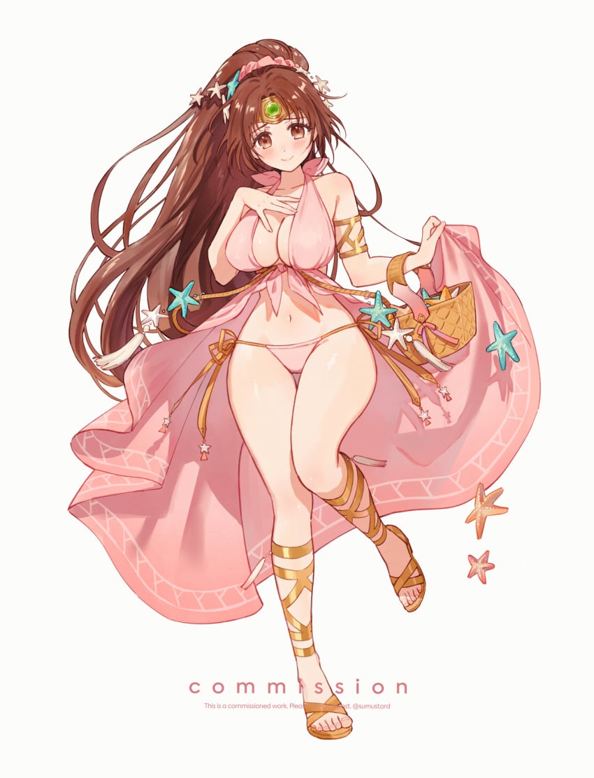 1girls 2024 basket big_breasts blush breasts brown_eyes brown_hair cleavage cloak clothed clothing commission female female_only fire_emblem fire_emblem:_mystery_of_the_emblem fire_emblem:_shadow_dragon_and_the_blade_of_light headwear heels linde_(fire_emblem) long_hair navel nintendo panties ponytail solo solo_female starfish sumustard thick_thighs white_background