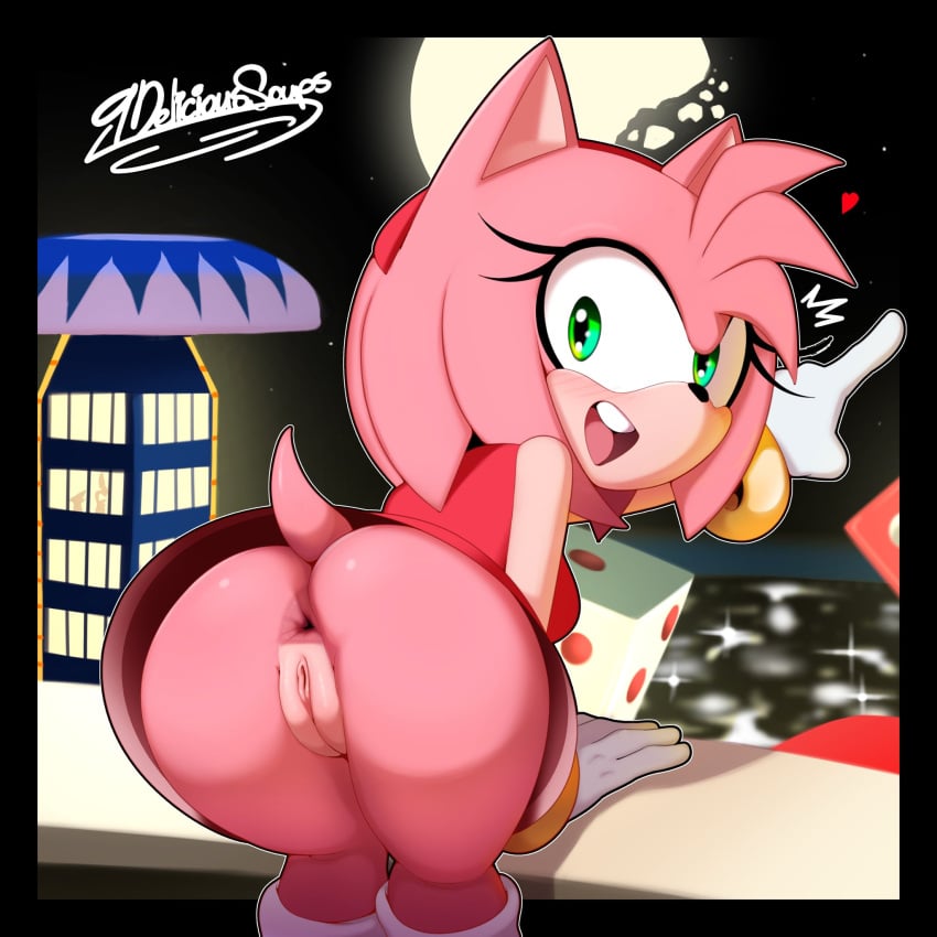 2025 amy_rose anus ass bending_forward bending_over blush delicioussoup dice dress female female_only furry gloves green_eyes headband hedgehog looking_at_viewer looking_back pink_dress pink_fur pink_hair pointing pussy sega short_hair solo sonic_(series) sonic_the_hedgehog_(series) thick_thighs thighs upskirt