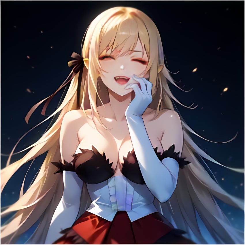 anime anime_girl bare_shoulders blonde_hair cleavage fangs gloves lewd long_hair oppai pointy_ears smiling suggestive yellow_eyes