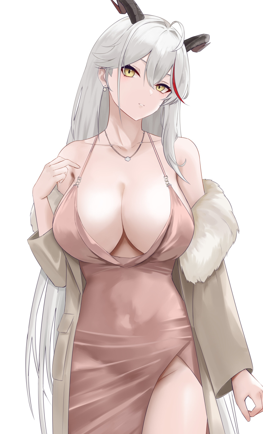 1girls absurdres aegir_(azur_lane) aegir_(one-on-one_leisure_time)_(azur_lane) azur_lane black_horns blush bracelet breasts brown-tinted_eyewear brown_coat coat collarbone demon_girl demon_horns dress female fingernails fur-trimmed_coat fur_trim grey_coat grey_hair hair_between_eyes hair_intakes highres holding holding_removed_eyewear horns huge_breasts indoors iron_blood_(azur_lane) jewelry light-skinned_female light_skin long_fingernails long_hair looking_at_viewer multicolored_hair necklace oerba_yun_fang official_alternate_costume pink_dress red_hair signature sitting skin_fang sleeveless sleeveless_dress smile solo streaked_hair sweat thick_thighs thighs tinted_eyewear unworn_eyewear very_long_hair white-framed_eyewear yellow_eyes