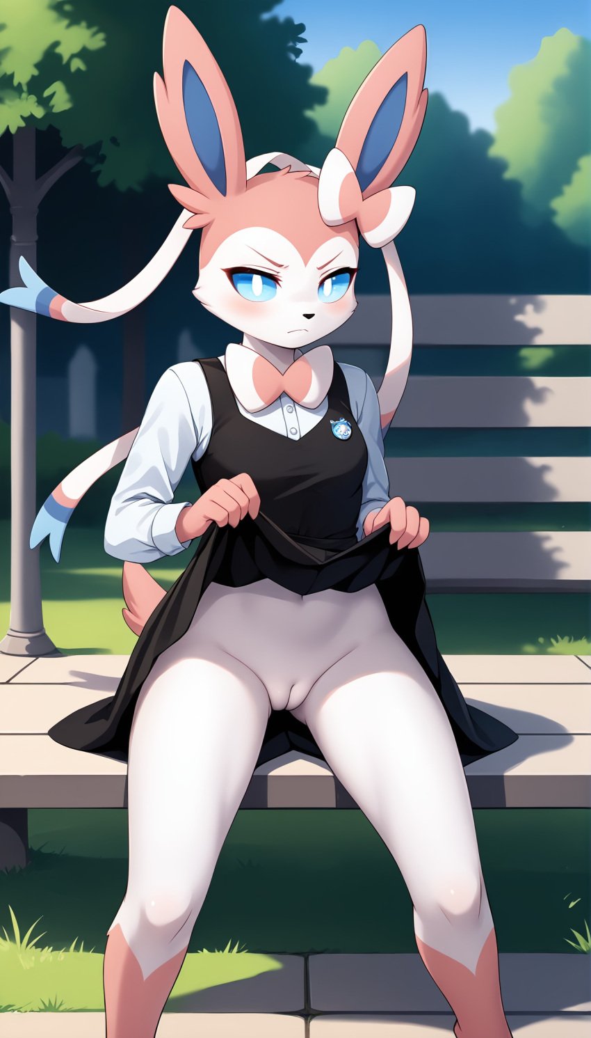 1girls 2025 ai_generated annoyed anthro blue_eyes blushing digitigrade dress dress_lift eeveelution female female_only generation_6_pokemon hi_res innie_pussy looking_at_viewer nintendo no_panties outdoors pink_fur pokemon pokemon_(species) pussy sitting sylveon white_fur