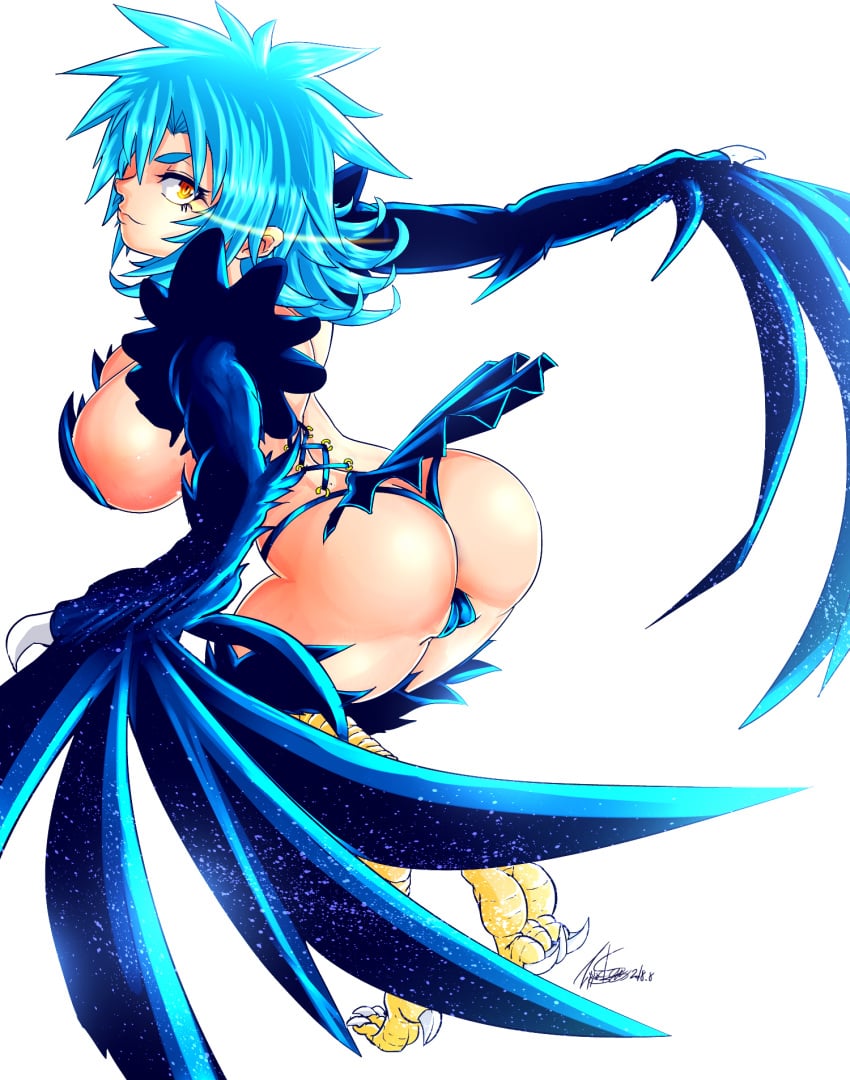 1girls artist_name big_breasts bird_legs blue_feathers blue_hair blue_wings breasts cameltoe cleft_of_venus commentary corset_piercing eye_trail feathered_wings feathers from_behind harpy highres huge_breasts large_breasts light_trail long_hair maria_(zippedsquire) monster_girl oppai original pussy_visible_through_clothes pussy_visible_through_panties pussy_visible_through_thong simple_background solo talons voluptuous voluptuous_female white_background winged_arms wings yellow_eyes zippedsquire