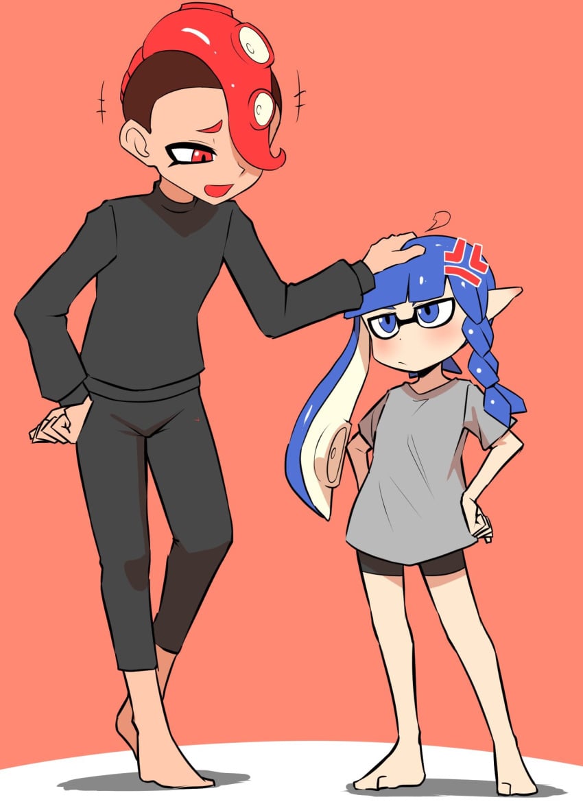 1boy 1boy1girl 2025 alternate_version_available annoyed annoyed_expression blue_eyes blue_hair blush female fully_clothed headpat height_difference inkling inkling_girl looking_at_another looking_down nobunagapero octoling octoling_boy png simple_background size_difference smaller_female splatoon splatoon_(series) splatoon_2 splatoon_3 taller_male tentacle_hair wholesome