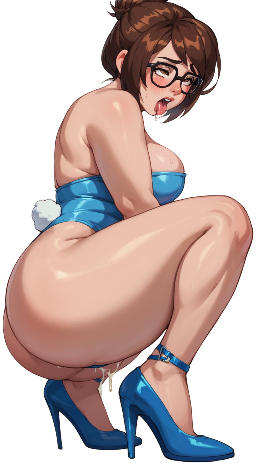 ai_generated ass bangs bare_shoulders black-framed_eyewear blush breasts brown_eyes brown_hair female glasses hair_bun high_heels large_breasts looking_at_viewer mei_(overwatch) open_mouth overwatch saliva saliva_trail short_hair solo strapless sweat swept_bangs teeth thighs tongue tongue_out