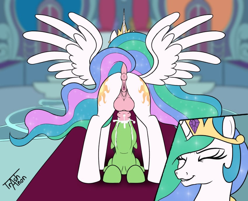 absurd_res alicorn anon anon_stallion anus balls bodily_fluids closed_eyes crown cum cutie_mark duo earth_pony equid equine feral friendship_is_magic genital_fluids genitals green_body hair hasbro headgear herm herm/male hi_res horn horse intersex intersex/male male mammal multicolored_hair multicolored_tail my_little_pony mythological_creature mythological_equine mythology oral oral_penetration penetration penis pony princess_celestia_(mlp) puffy_anus pussy spread_wings standing tail throne_room tiara trash_anon vaginal_fluids white_body wing_boner wings