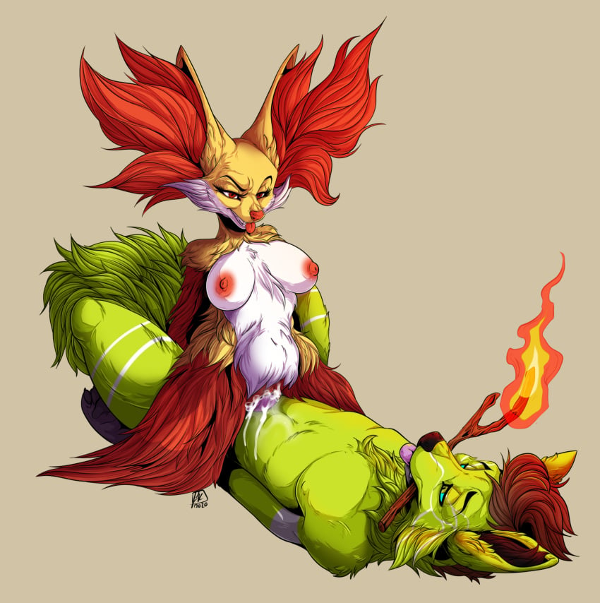 1boy 1girls anthro anthrofied areolae belly big_breasts big_ears bodily_fluids breasts brown_background canine cum cum_in_pussy cum_inside delphox duo eye_contact female fire fox furkinghell furry genital_fluids green_fur grin half-closed_eyes hi_res inner_ear_fluff interspecies larger_male leaking looking_at_viewer male mouth_hold navel nintendo nipples on_top original_character penetration penis pokémon_(species) pokemon pokemon_xy pussy red_fur red_hair sex simple_background size_difference smaller_female smile stick straight teeth thick_thighs tongue tongue_out tuft vaginal_penetration video_games white_fur wide_hips yellow_fur