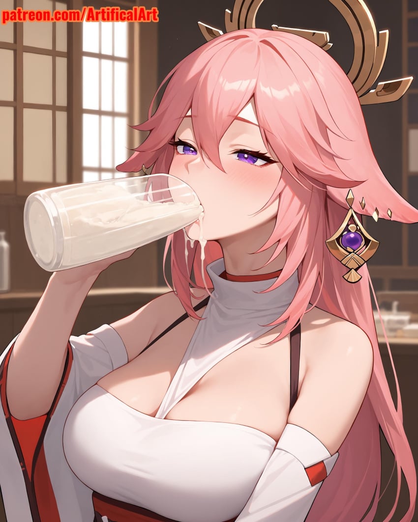 1girls ai_generated animal_ears artifical_art cum cum_in_mouth dripping_cum dripping_semen earrings fox_ears genshin_impact hair_ornament jewelry kitsune long_hair open_mouth perfect_body pink_hair purple_eyes semen semen_in_mouth yae_miko yae_miko_(genshin_impact)