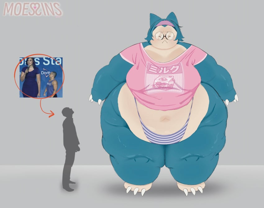 bbw chubby chubby_female clothed clothed_female fat furry game_freak glasses grey_background height_difference mochi_(moessins) moessins nintendo panties pokemon pokemon_(species) round_glasses shirt simple_background size_difference snorlax tall tall_girl taller_girl thick_thighs wide_hips