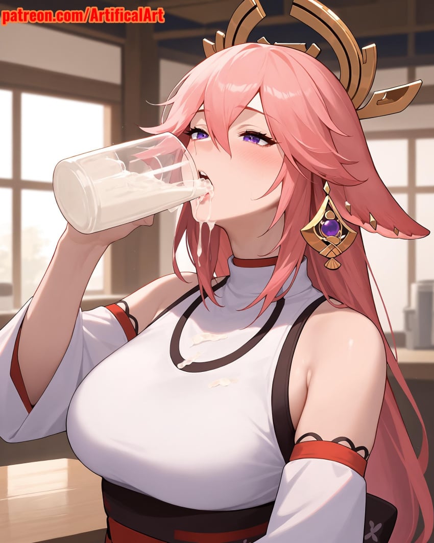 1girls ai_generated animal_ears artifical_art cum cum_in_mouth dripping_cum dripping_semen earrings fox_ears genshin_impact hair_ornament jewelry kitsune long_hair open_mouth perfect_body pink_hair purple_eyes semen semen_in_mouth yae_miko yae_miko_(genshin_impact)