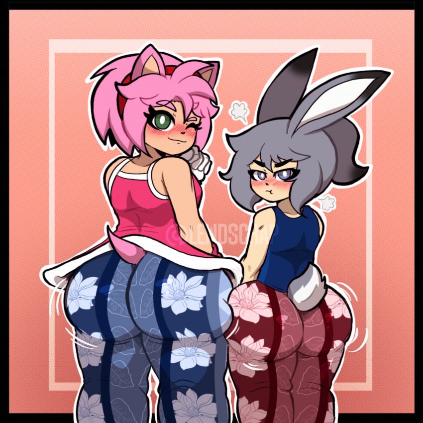 amy_rose bottom_heavy bunny_ears flare_pants forbidden_pants gijinka humanized judy_hopps lewdscrap looking_at_viewer looking_back medium_breasts ponytail pouting shortstack small_breasts smaller_female sonic_(series) sonic_the_hedgehog_(series) winking_at_viewer zootopia