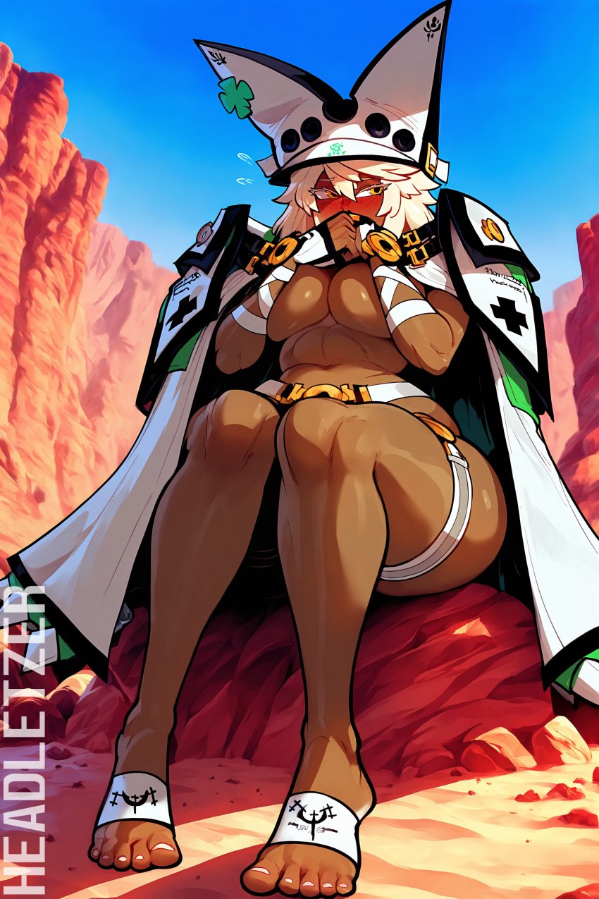 ai_generated covering_breasts crossed_legs desert embarrassed embarrassed_nude_female guilty_gear guilty_gear_strive headletzer nude ramlethal_valentine tagme