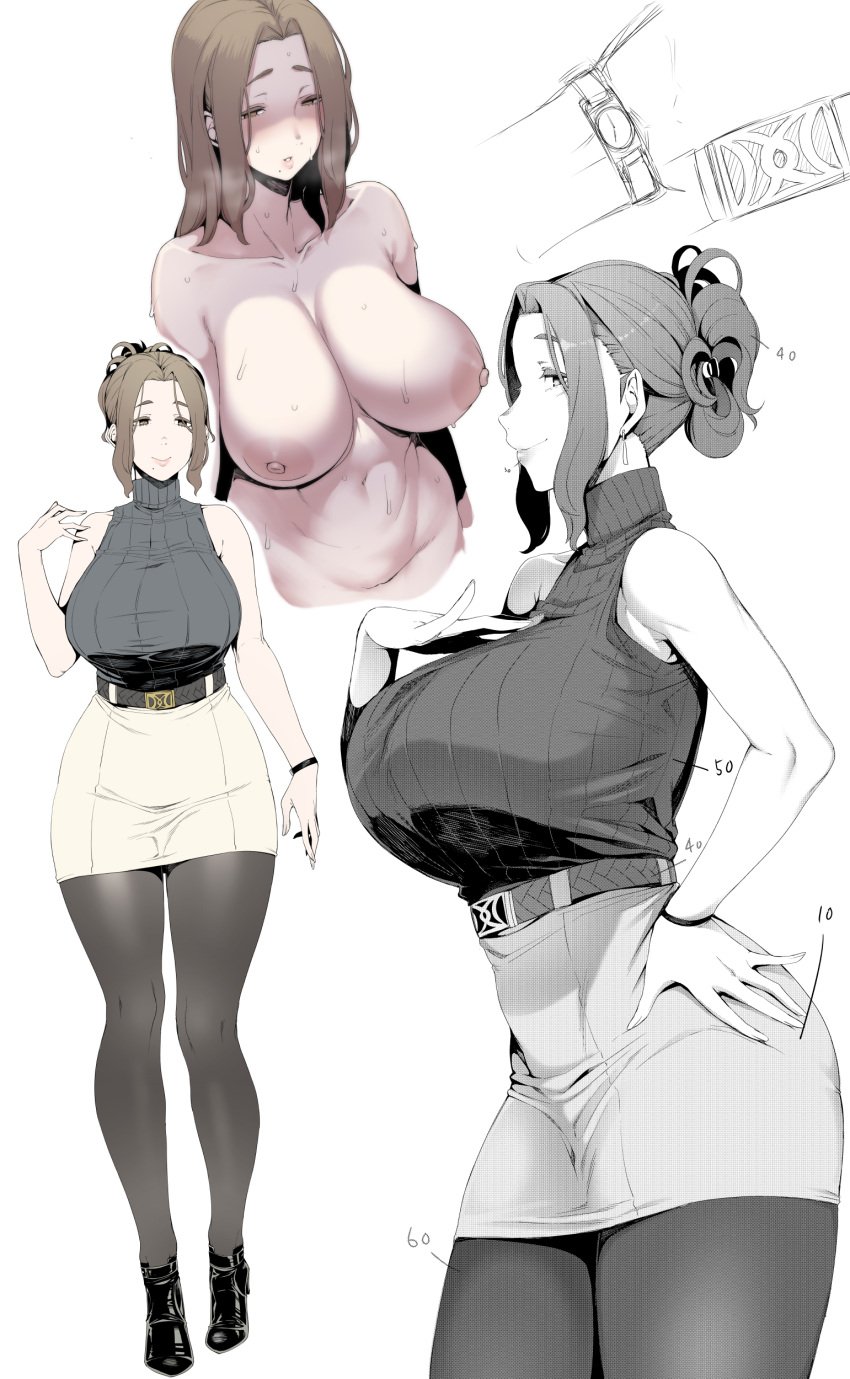 1girls areolae big_breasts breasts clothed clothing female female_only long_hair mature mature_female mature_woman milf nakamura_regura nipples older_female original solo solo_female thick_thighs tied_hair wide_hips