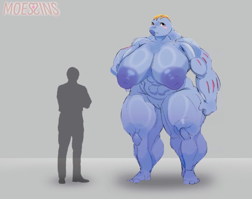 abs blush blushing breasts game_freak gray_background height_difference machoke moessins muscle muscle_girl muscles muscular muscular_female naked naked_female nintendo nipples nude nude_female pokemon pokemon_(species) pussy red_eyes simple_background tall tall_girl taller_girl zuri_(moessins)