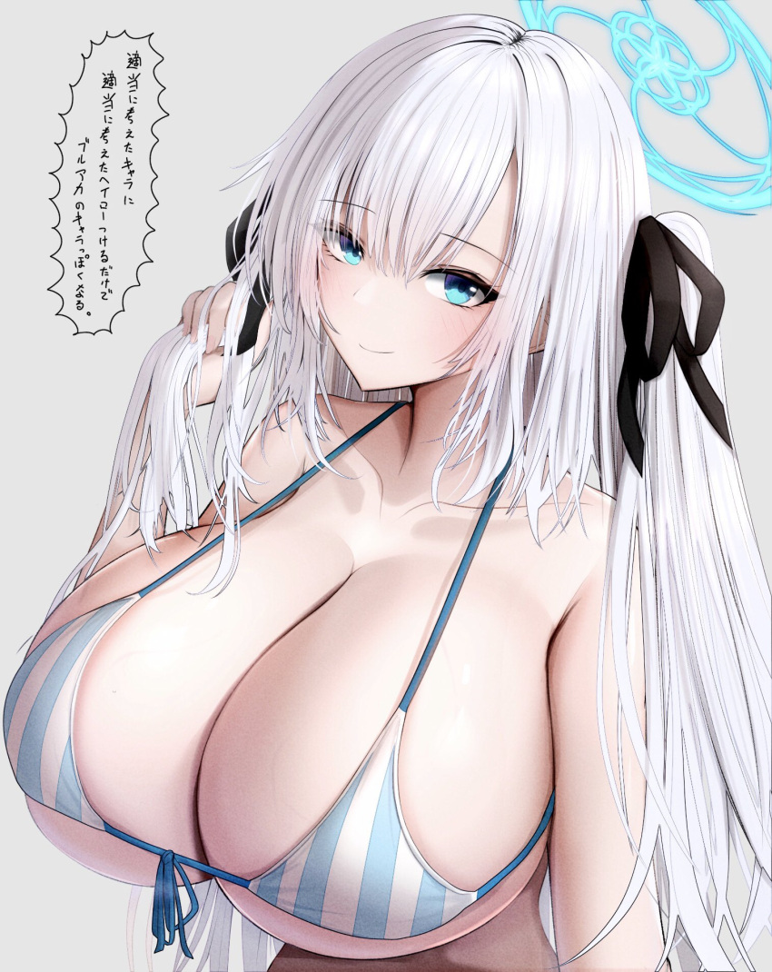 1girls bangs bikini bikini_top blue_eyes blue_halo blush blush breast_focus breasts breasts_bigger_than_head busty cleavage collarbone enormous_breasts female female_focus female_only gigantic_breasts grabbing_own_hair hair_between_eyes hair_ribbon halo huge_breasts japanese_text large_breasts long_hair looking_at_viewer massive_breasts metae original original_character ribbon simple_background slim_waist solo string_bikini swimwear text thin_waist tied_hair top_heavy top_heavy_breasts two_tone_bikini upper_body veiny_breasts voluptuous voluptuous_female white_hair