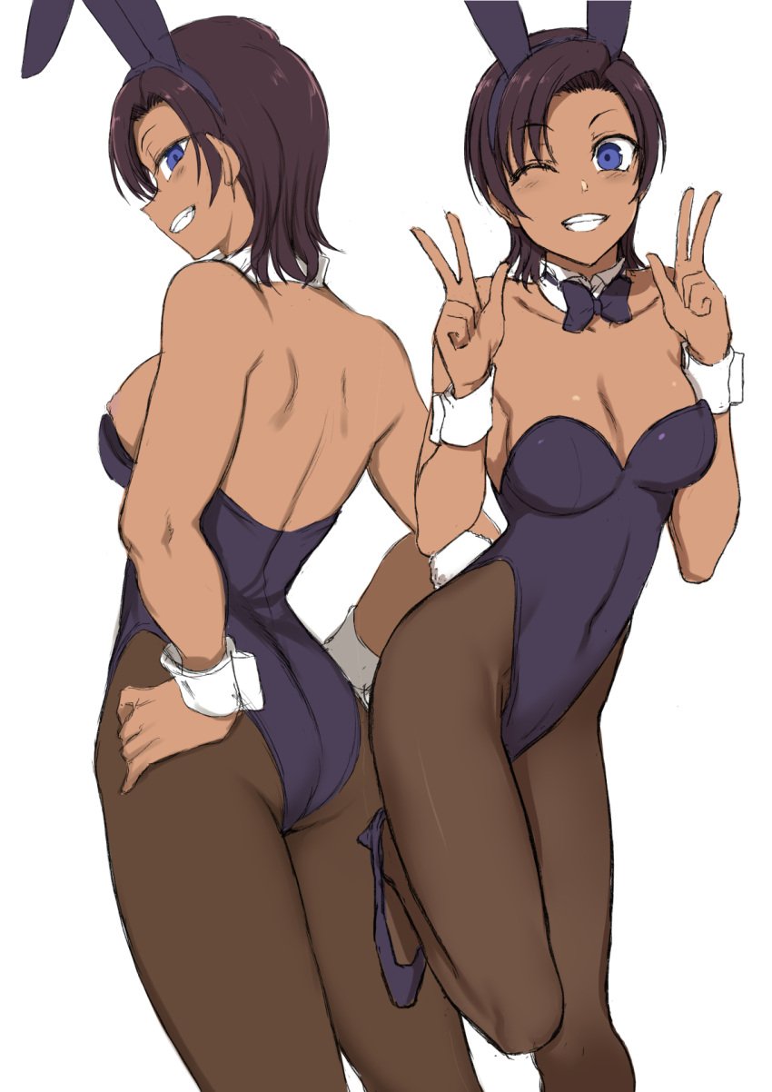 1girls aiue_oka animal_ears ass black_bow black_bowtie black_hair black_leotard black_pantyhose blue_eyes bow bowtie breasts character_request cleavage copyright_request dark-skinned_female dark_skin detached_collar double_v grin hands_on_own_hips highleg highleg_leotard highres hinata_sae leotard medium_breasts multiple_views pantyhose playboy_bunny rabbit_ears rabbit_tail short_hair smile strapless strapless_leotard tail v wrist_cuffs