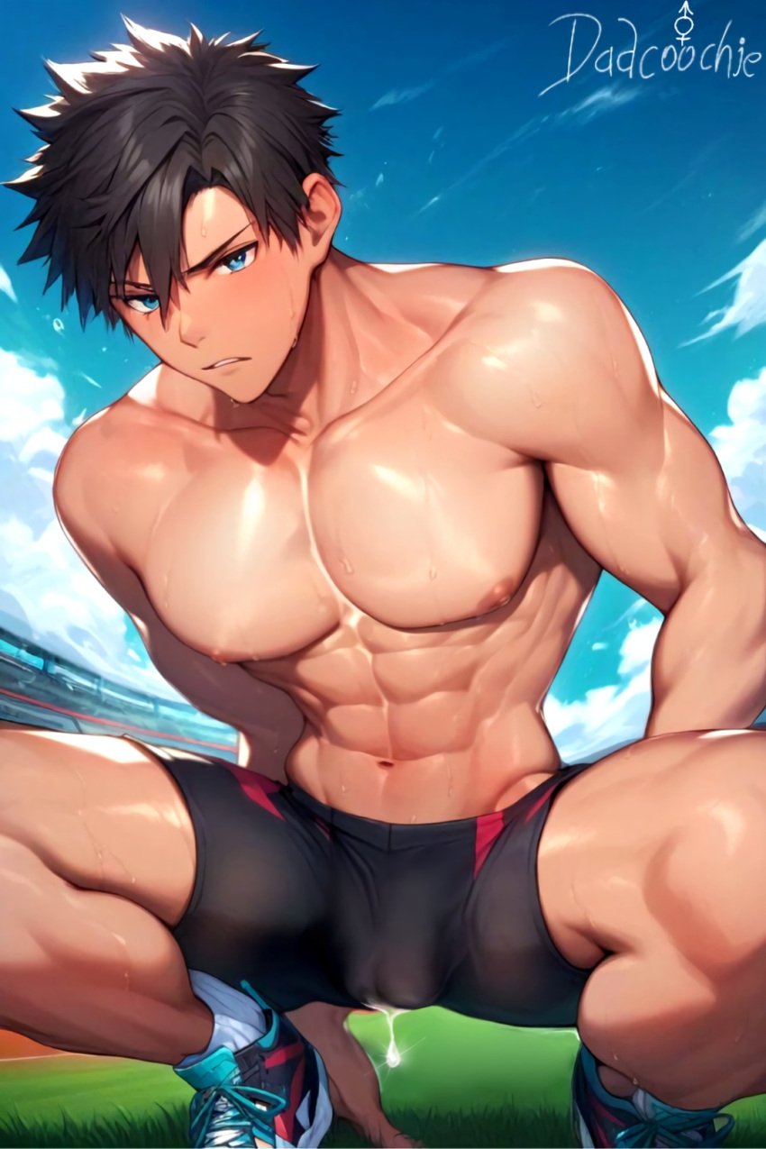 ai_generated bara bara_tits barazoku big_pecs brown_hair cuntboy cuntboy_only erect_clitoris erect_nipples fluids jock muscles muscular_male pussy pussy_juice pussy_juice_drip smooth_skin spandex spandex_shorts sweat transgender vagina wet_pussy