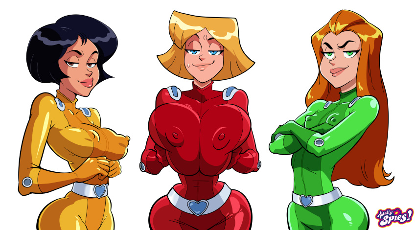 3girls alex_(totally_spies) atomicrailgun bedroom_eyes big_breasts blonde_hair bodysuit clover_(totally_spies) ginger large_breasts long_hair medium_breasts puffy_nipples sam_(totally_spies) short_hair small_breasts smirk squeezing_breast teenager thin_waist totally_spies voluptuous wide_hips