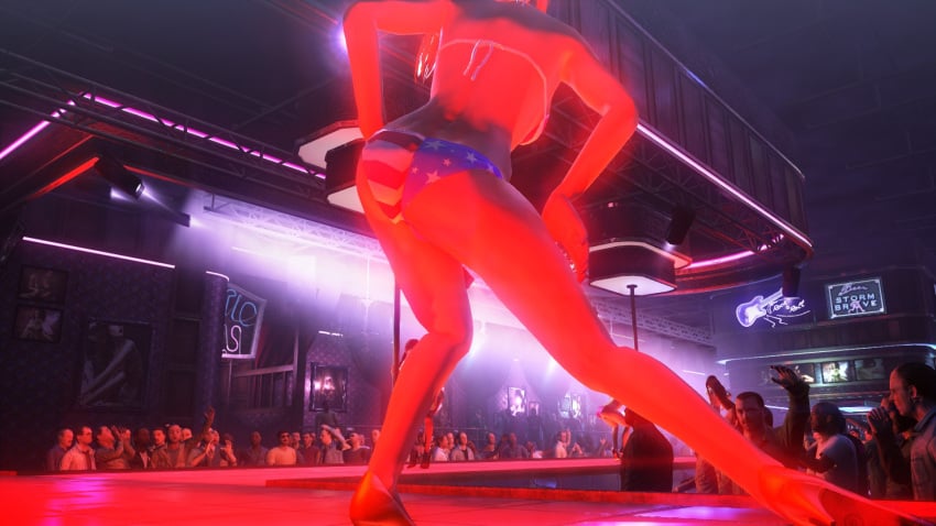 3d american_flag_bikini ass ass_focus catherine_farmer deidre_logan edit flag_bikini hitman hitman_absolution io-interactive irene_enos low-angle_view multiple_males neon_lights screenshot screenshot_edit stage strip_club stripper video_games